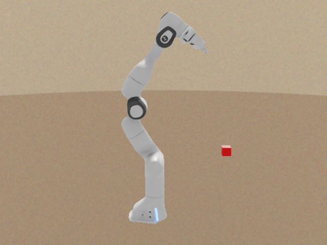 Isaac Sim RTX render: a Franka Panda arm composited over a background, with a red cube