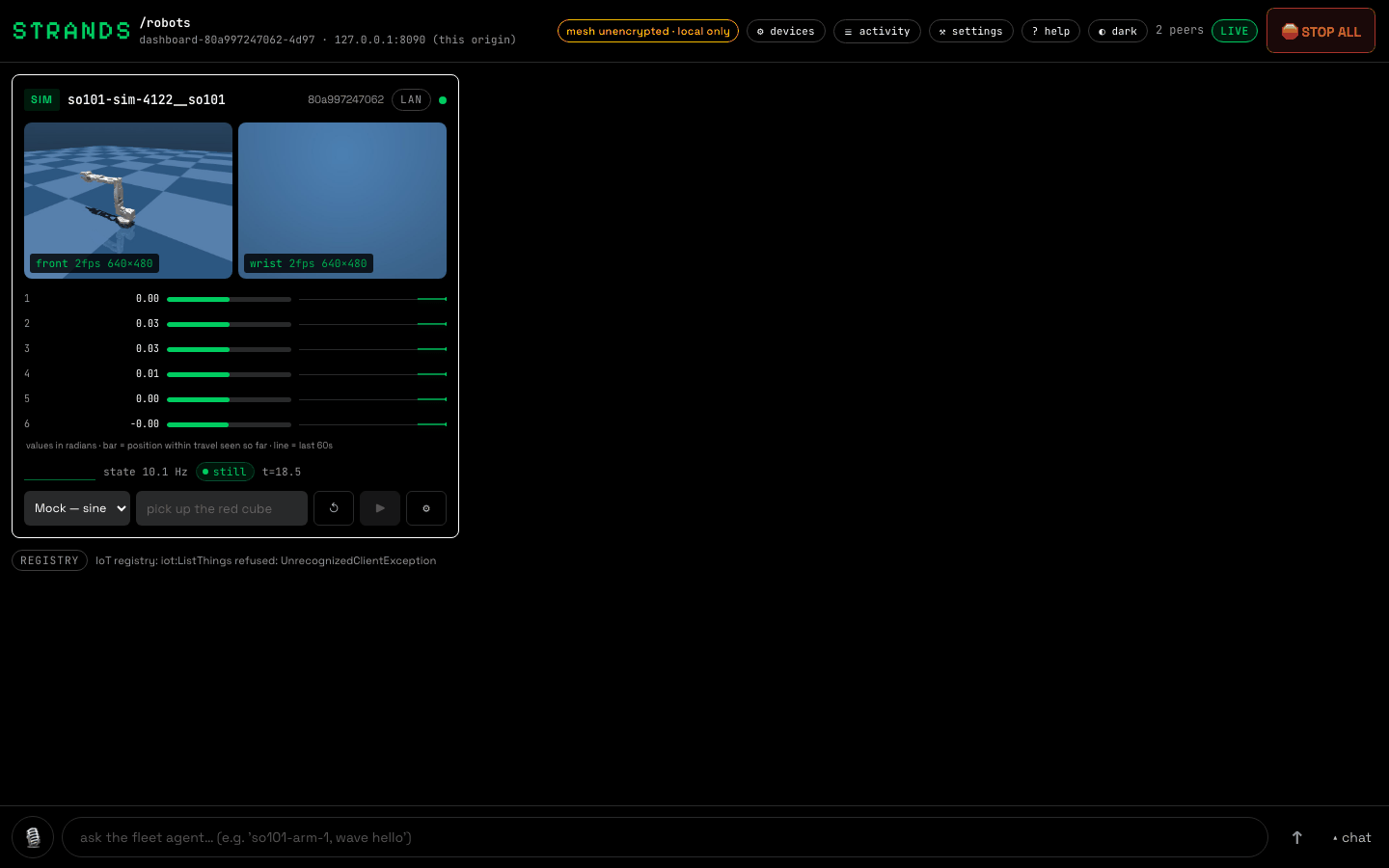 Fleet: a simulated so101, cameras, joints