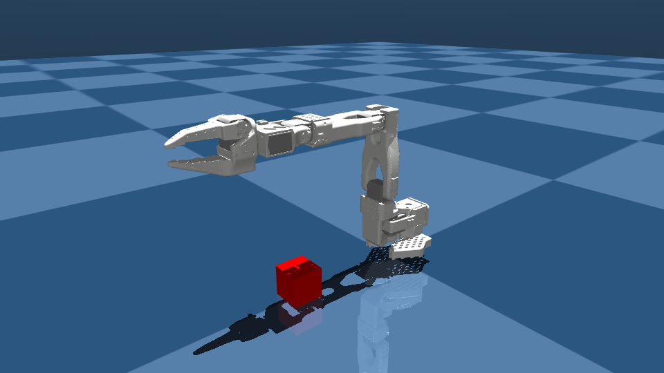 what the agent built: a front camera, and the red cube in front of the arm