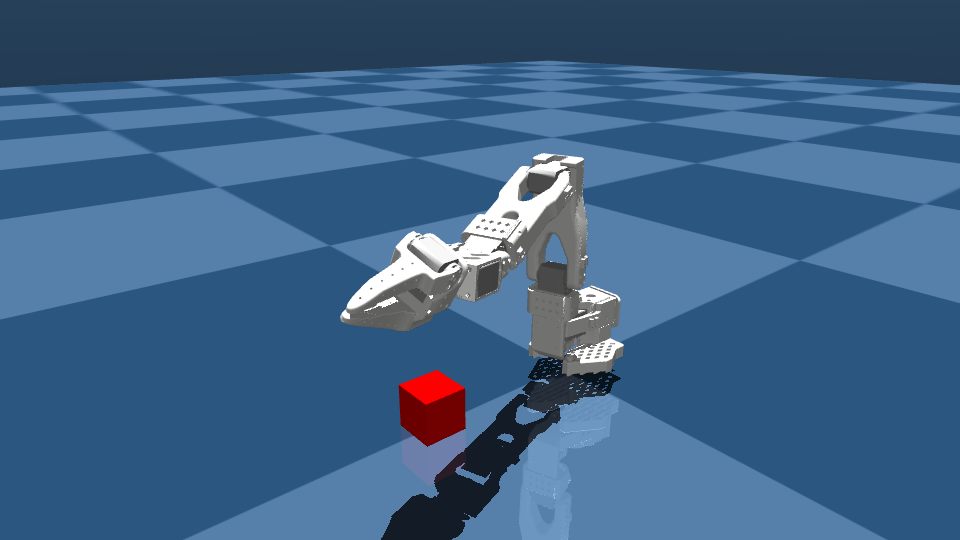 after the run: every joint moved, and the cube is still where it was